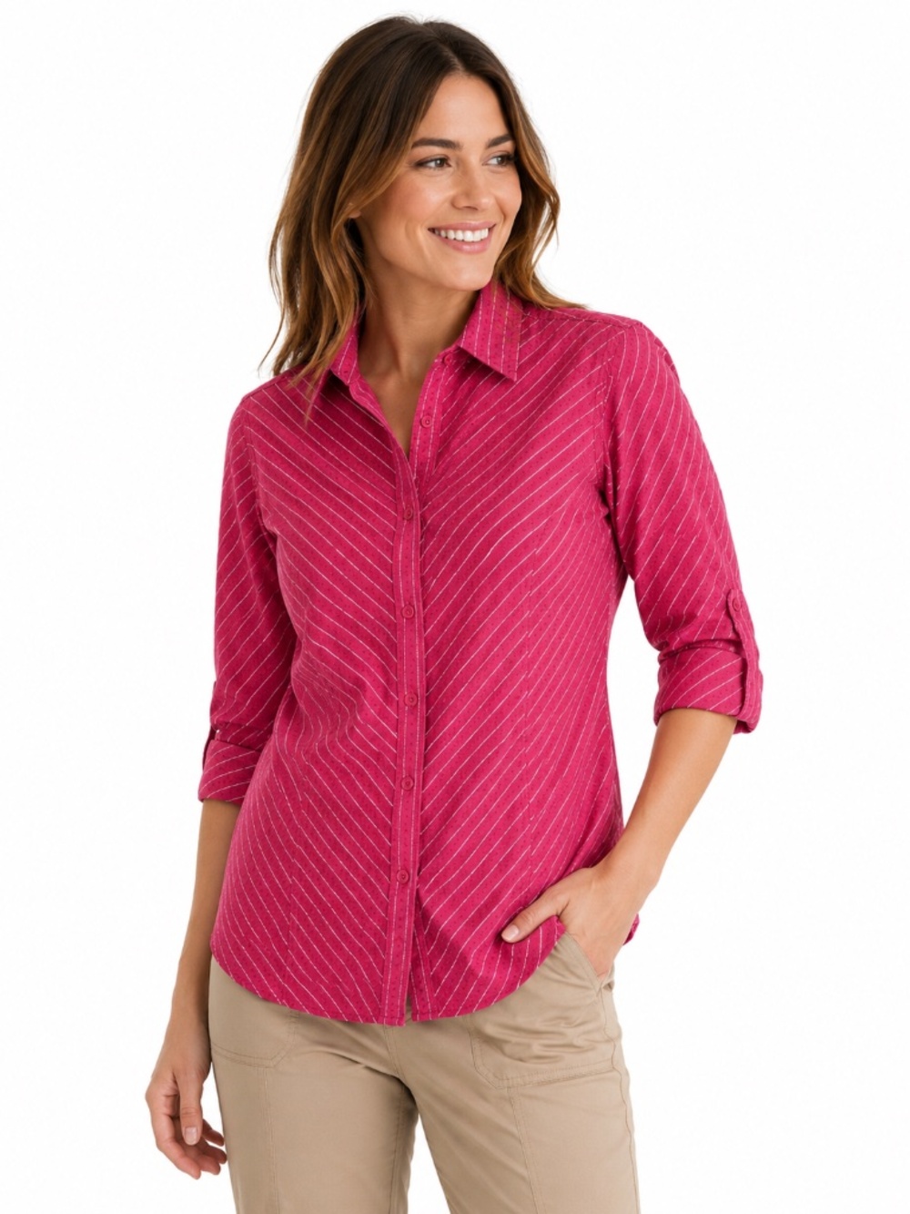 Columbia Womens Button Front Shirt Medium Pink Striped 3/4 Sleeve Casual Outdoor